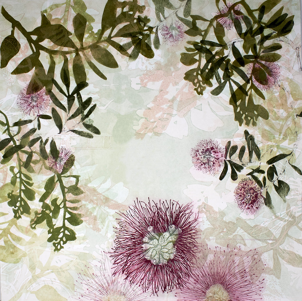Time Softens mural by Trudy Rice — eucalyptus and magenta gum blossom on a pale sage ground