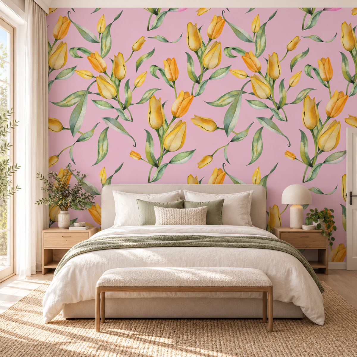 Tulip Breeze, peel and stick wallpaper styled on a feature wall