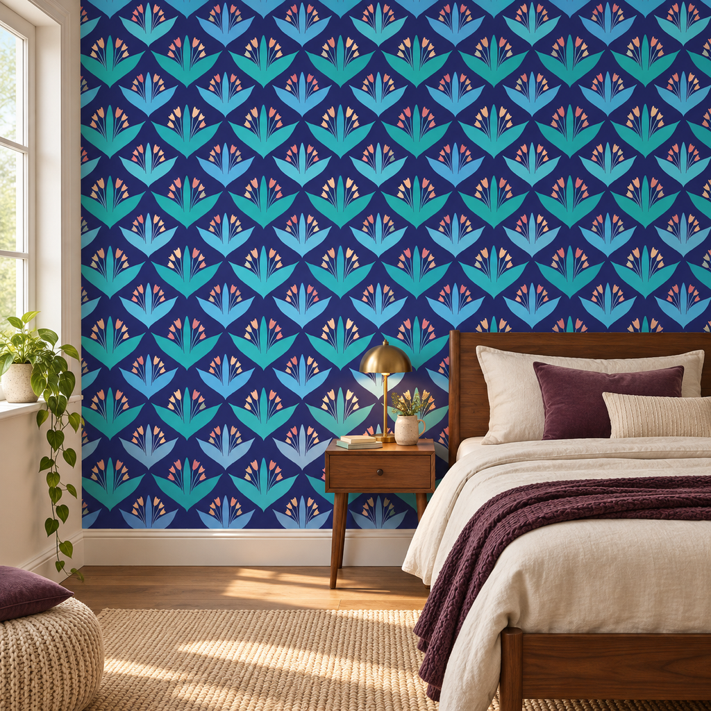 Twilight Tulips peel and stick wallpaper styled on a feature wall