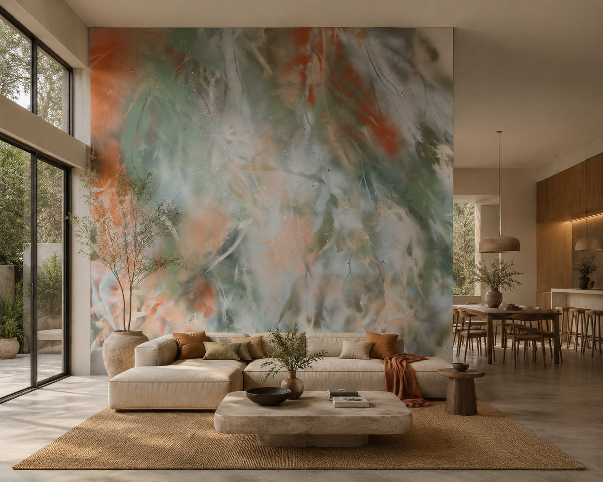 Under the Gum Tree mural by De-Anne Strange, peel and stick wallpaper styled in a room