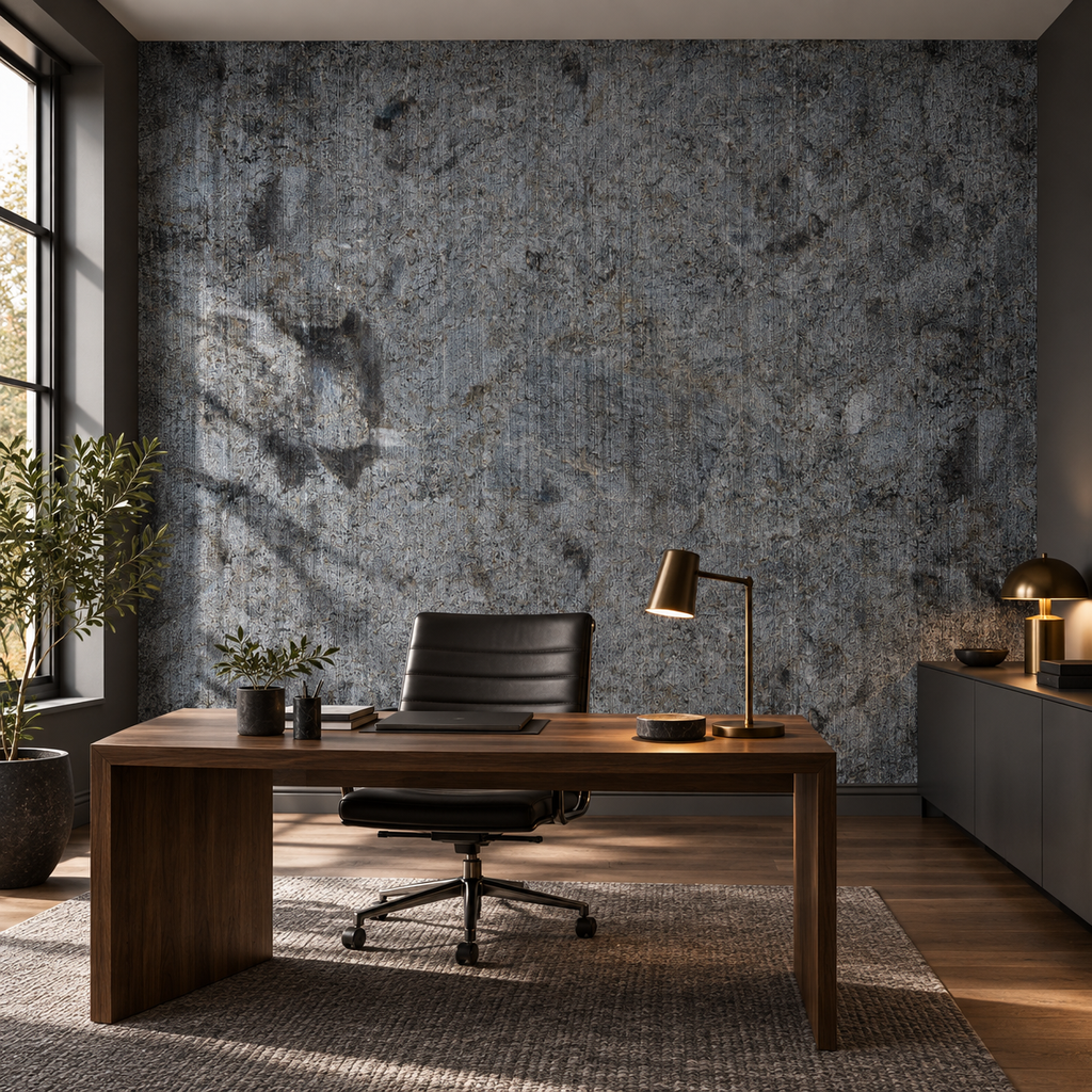 Raw Concrete, peel and stick wallpaper styled on a feature wall
