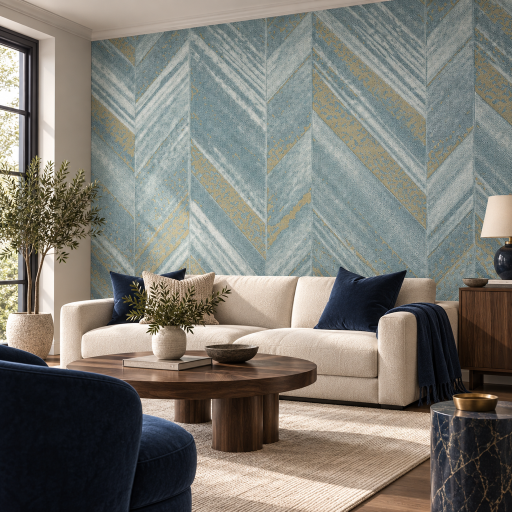 Velvet Chevron, peel and stick wallpaper styled on a feature wall