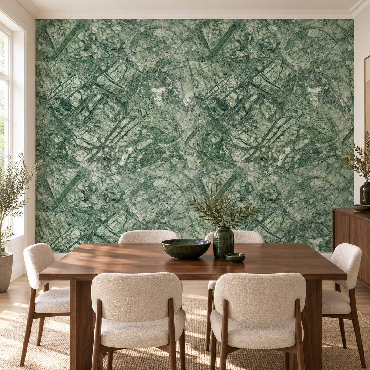 Verdant Marble, peel and stick wallpaper styled on a feature wall