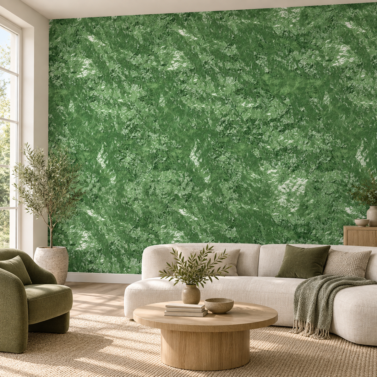 Verdant Stone, peel and stick wallpaper styled on a feature wall