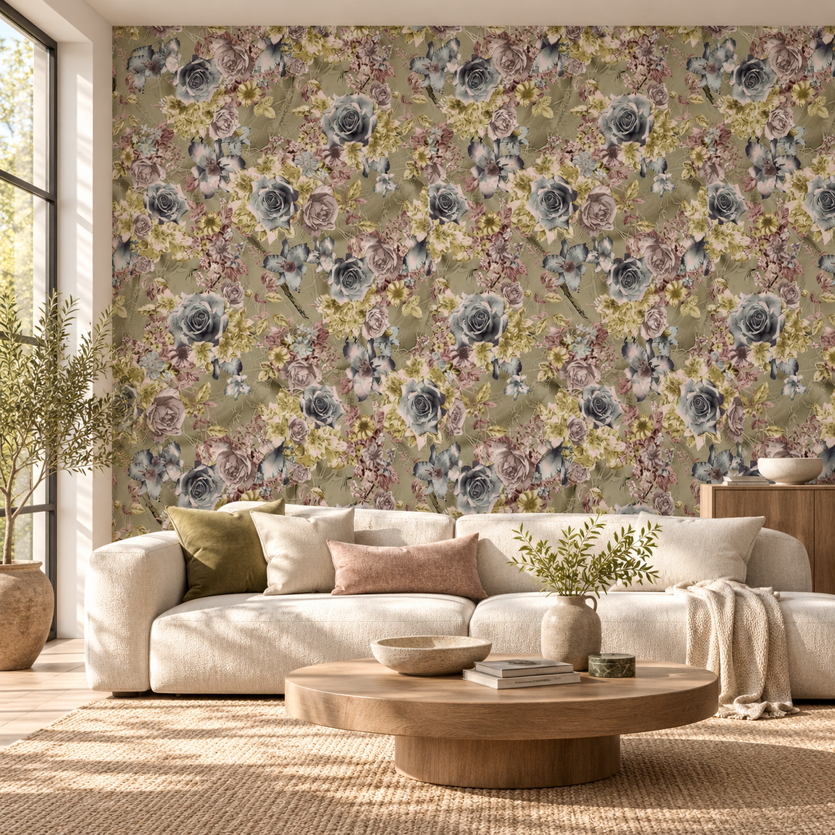 Vintage Bouquet, peel and stick wallpaper styled on a feature wall