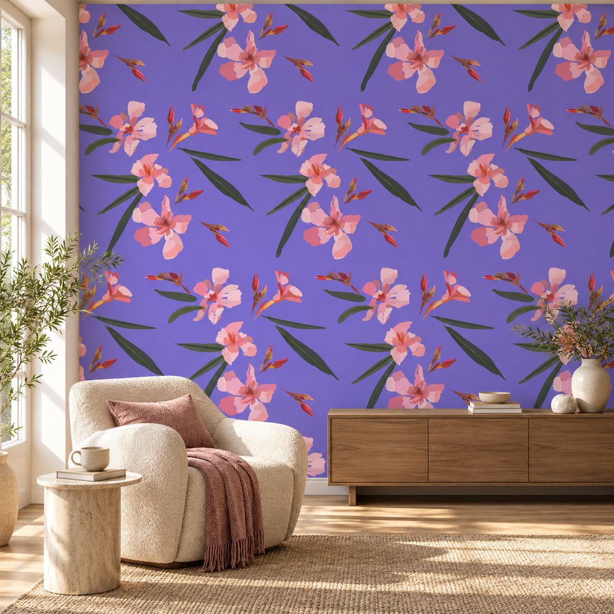 Violet Garden, peel and stick wallpaper styled on a feature wall
