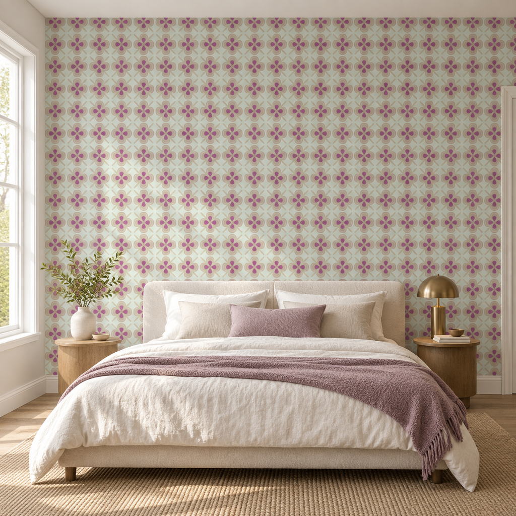 Violet Meadow, peel and stick wallpaper styled on a feature wall