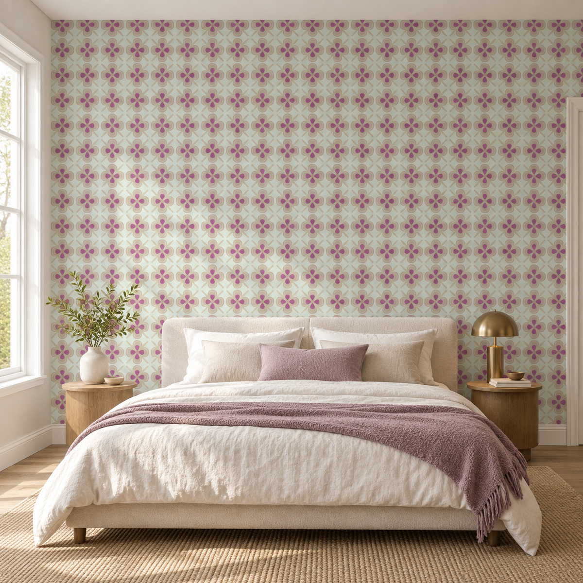 Violet Meadow, peel and stick wallpaper styled on a feature wall