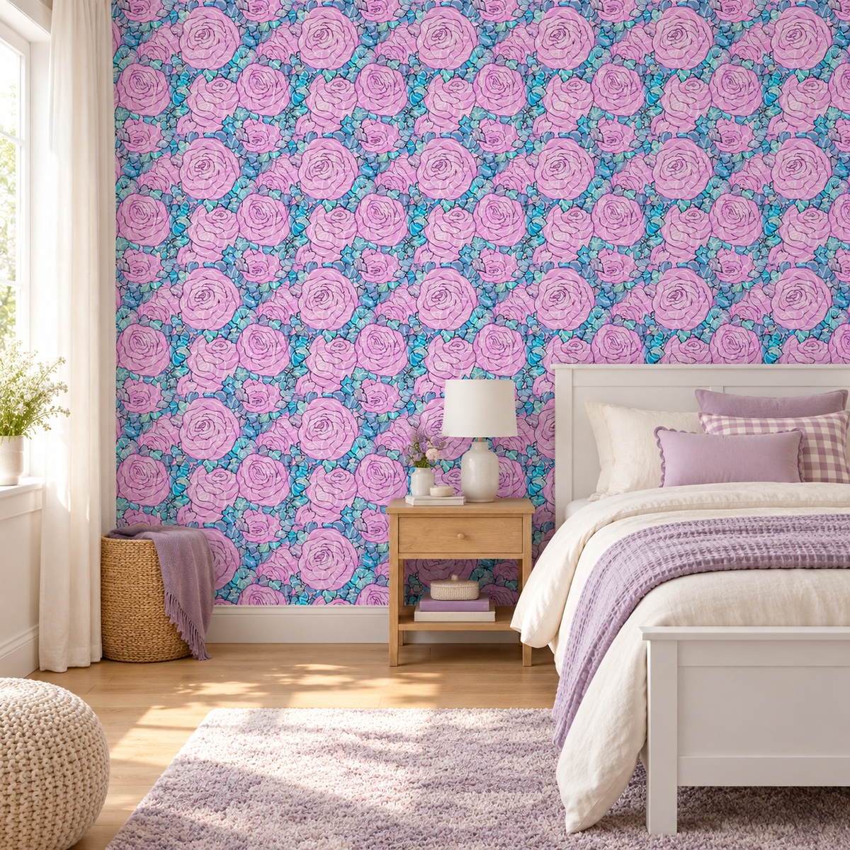 Violet Roses peel and stick wallpaper styled on a feature wall