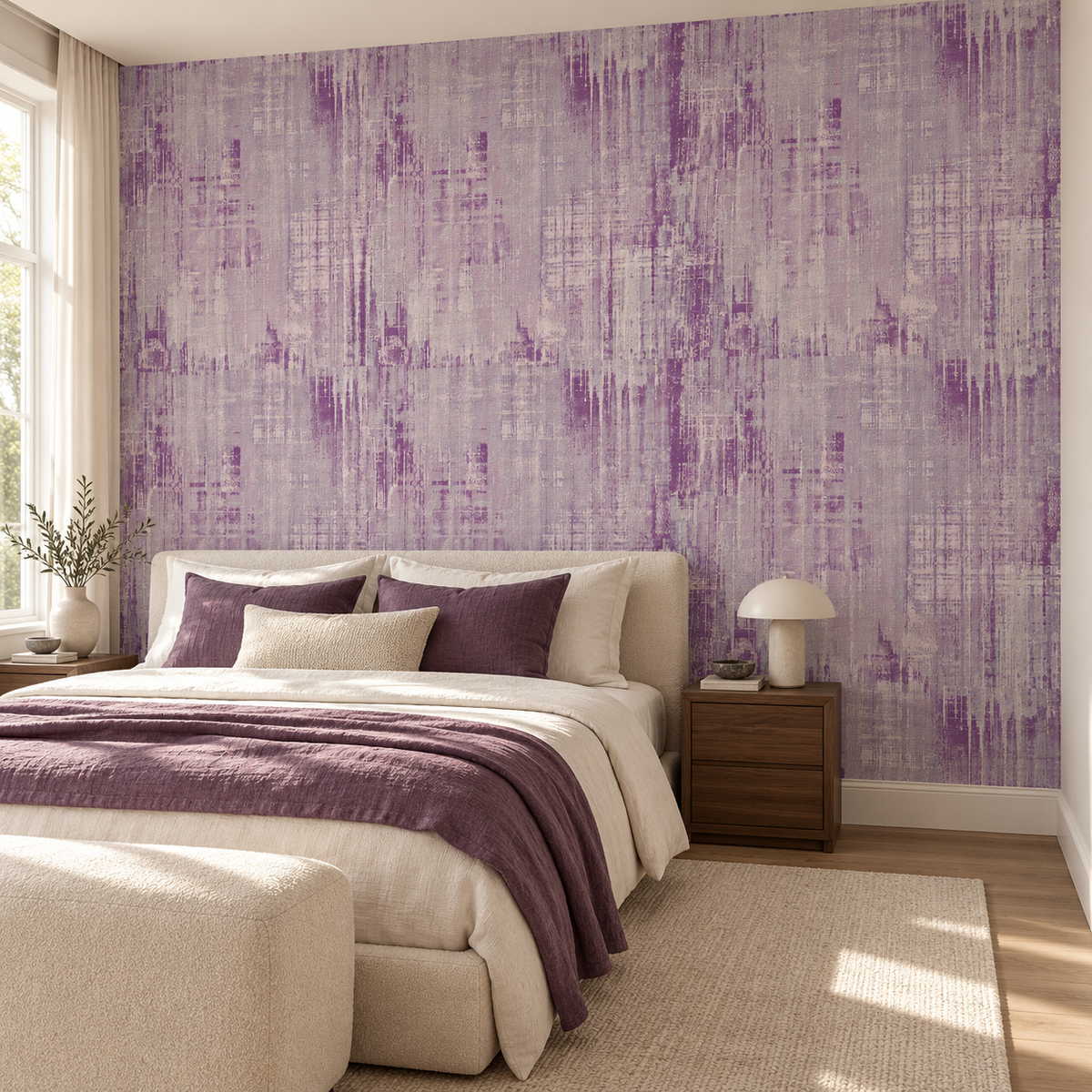 Violet Texture, peel and stick wallpaper styled on a feature wall