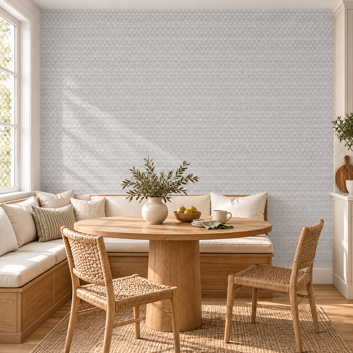 Waffle Weave, peel and stick wallpaper styled on a feature wall