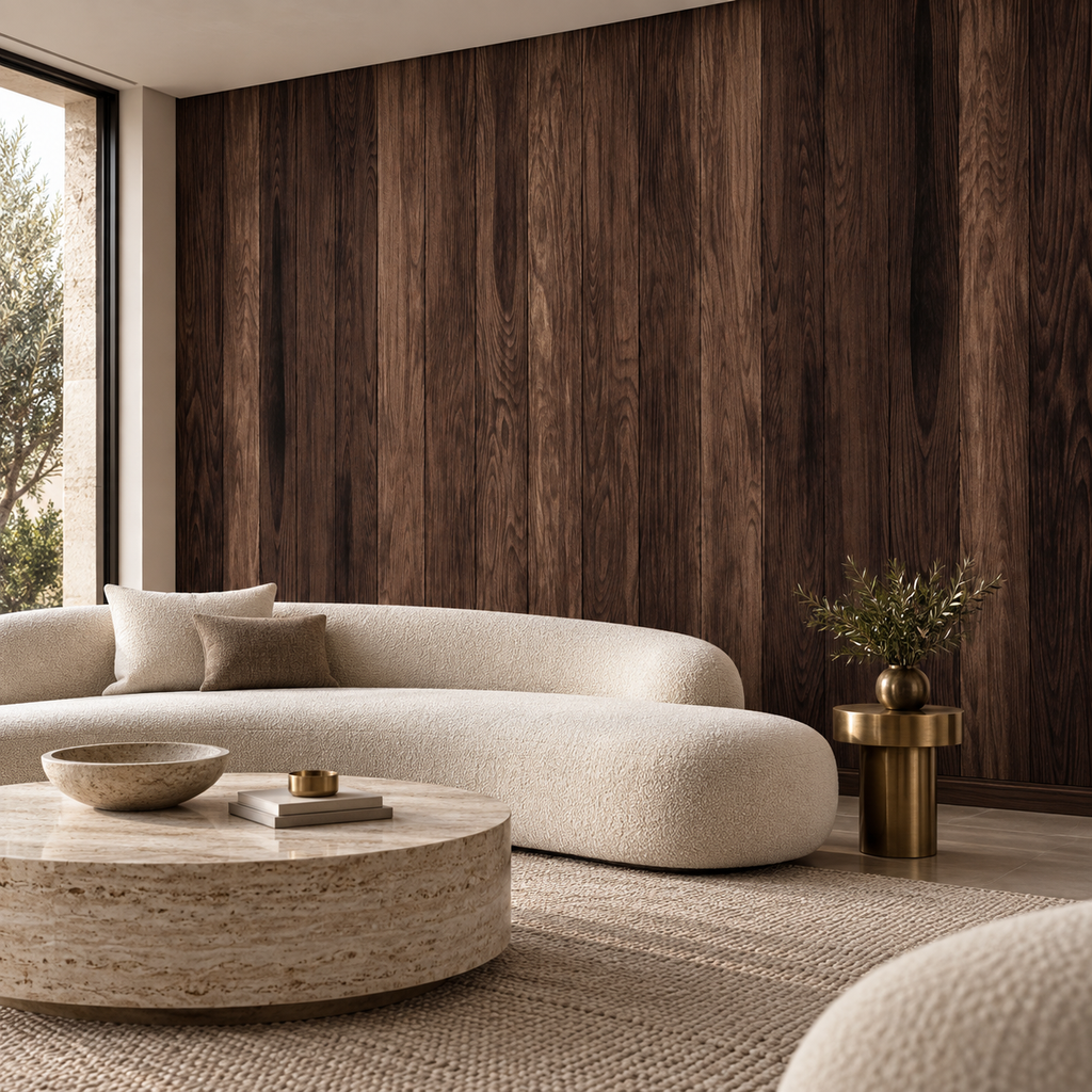 Walnut Panels, peel and stick wallpaper styled on a feature wall