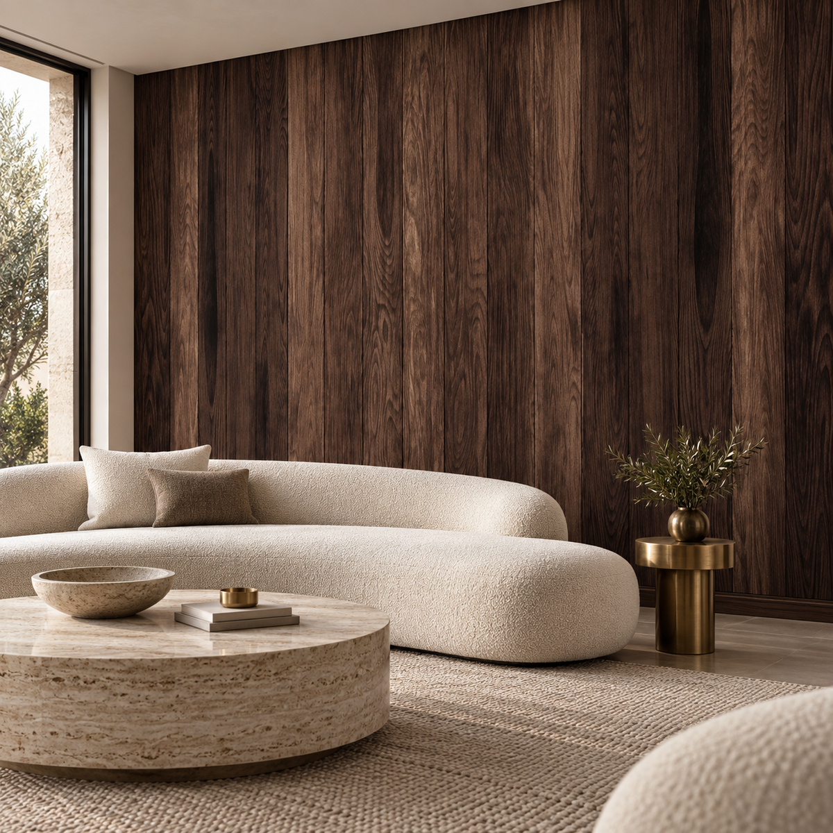 Walnut Panels, peel and stick wallpaper styled on a feature wall