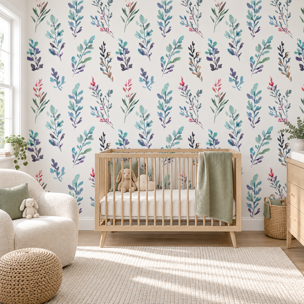 Watercolor Leaves peel and stick wallpaper styled on a feature wall