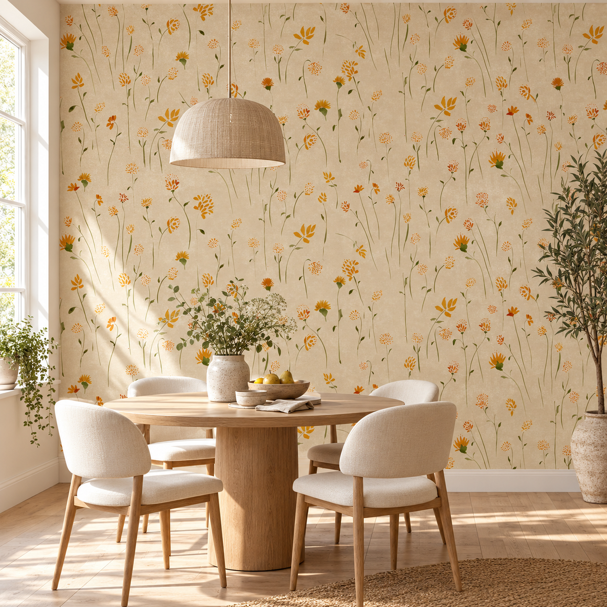 Watercolour Meadows in Golden by Cat Bellini, peel and stick wallpaper styled on a feature wall