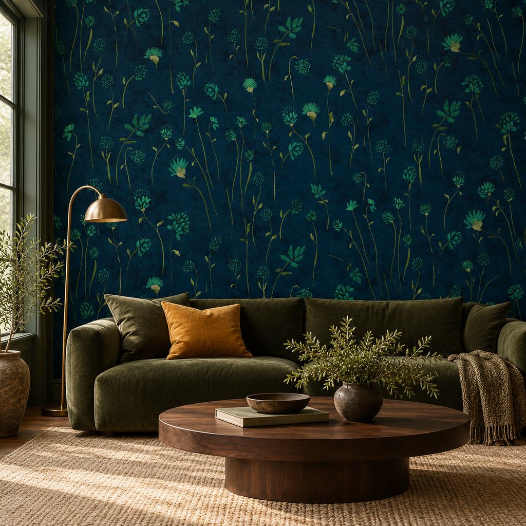 Watercolour Meadows in Midnight by Cat Bellini, peel and stick wallpaper styled on a feature wall