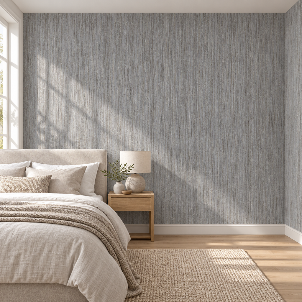 Weathered Grain, peel and stick wallpaper styled on a feature wall