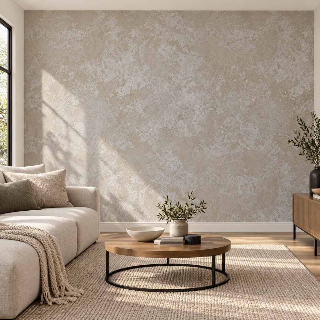 Weathered Plaster, peel and stick wallpaper styled on a feature wall