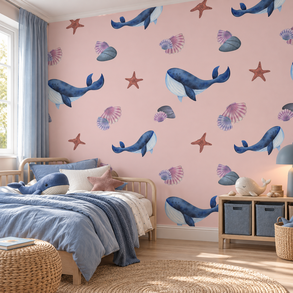 Whale Drift, peel and stick wallpaper styled on a feature wall