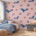 Whale Drift, peel and stick wallpaper styled on a feature wall