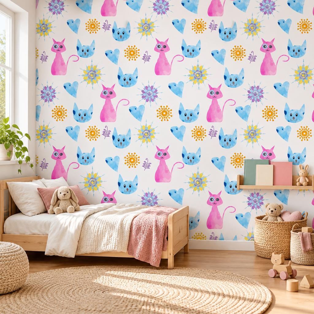 Whimsical Whiskers peel and stick wallpaper styled on a feature wall