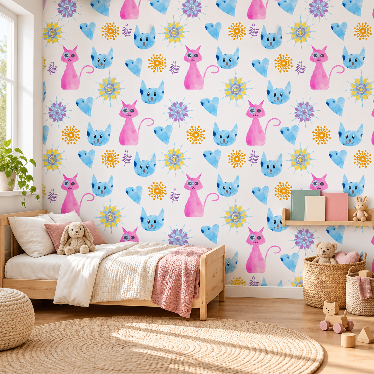 Whimsical Whiskers peel and stick wallpaper styled on a feature wall