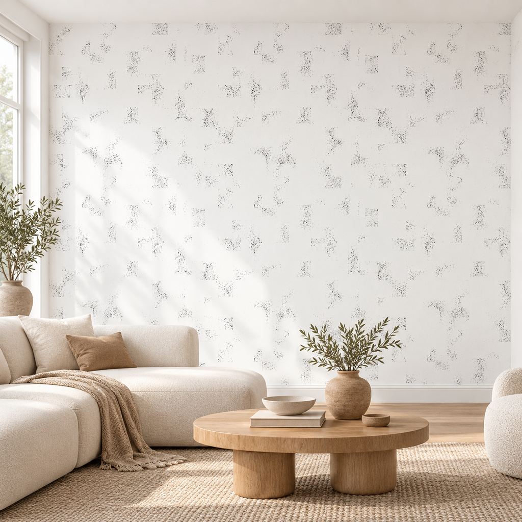 Whisper Blocks, peel and stick wallpaper styled on a feature wall