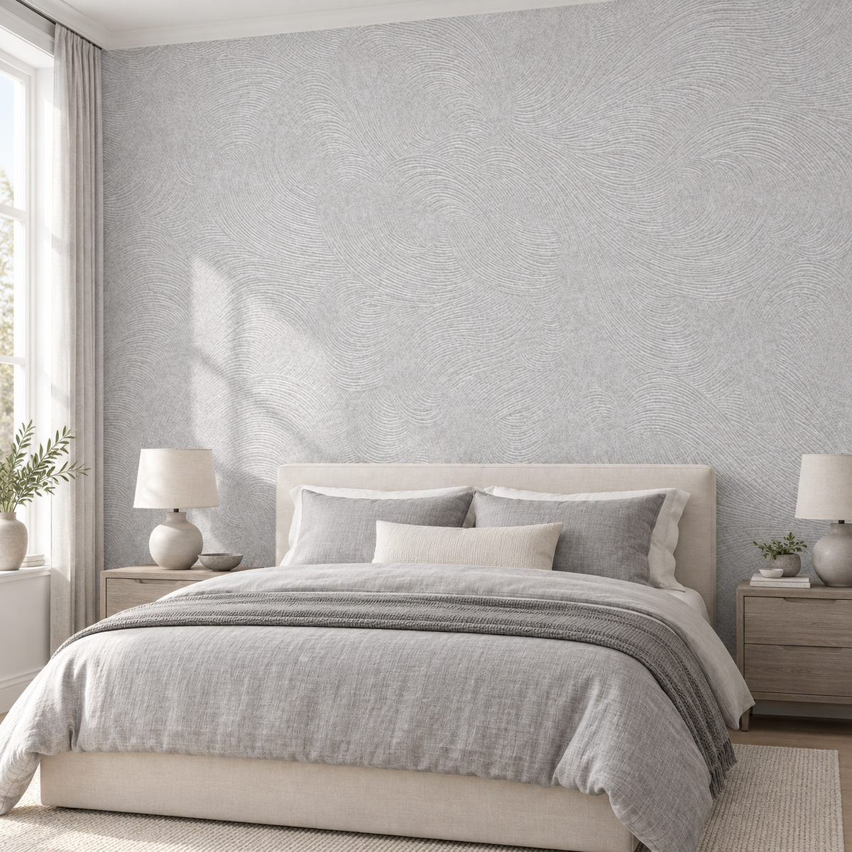 Whisper Swirl, peel and stick wallpaper styled on a feature wall