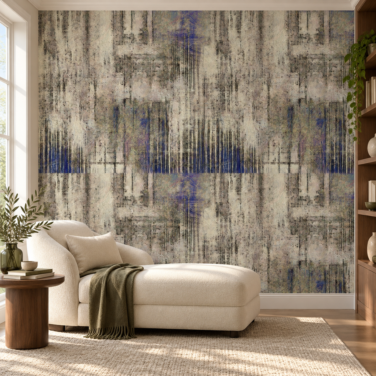 Whispered Forest, peel and stick wallpaper styled on a feature wall