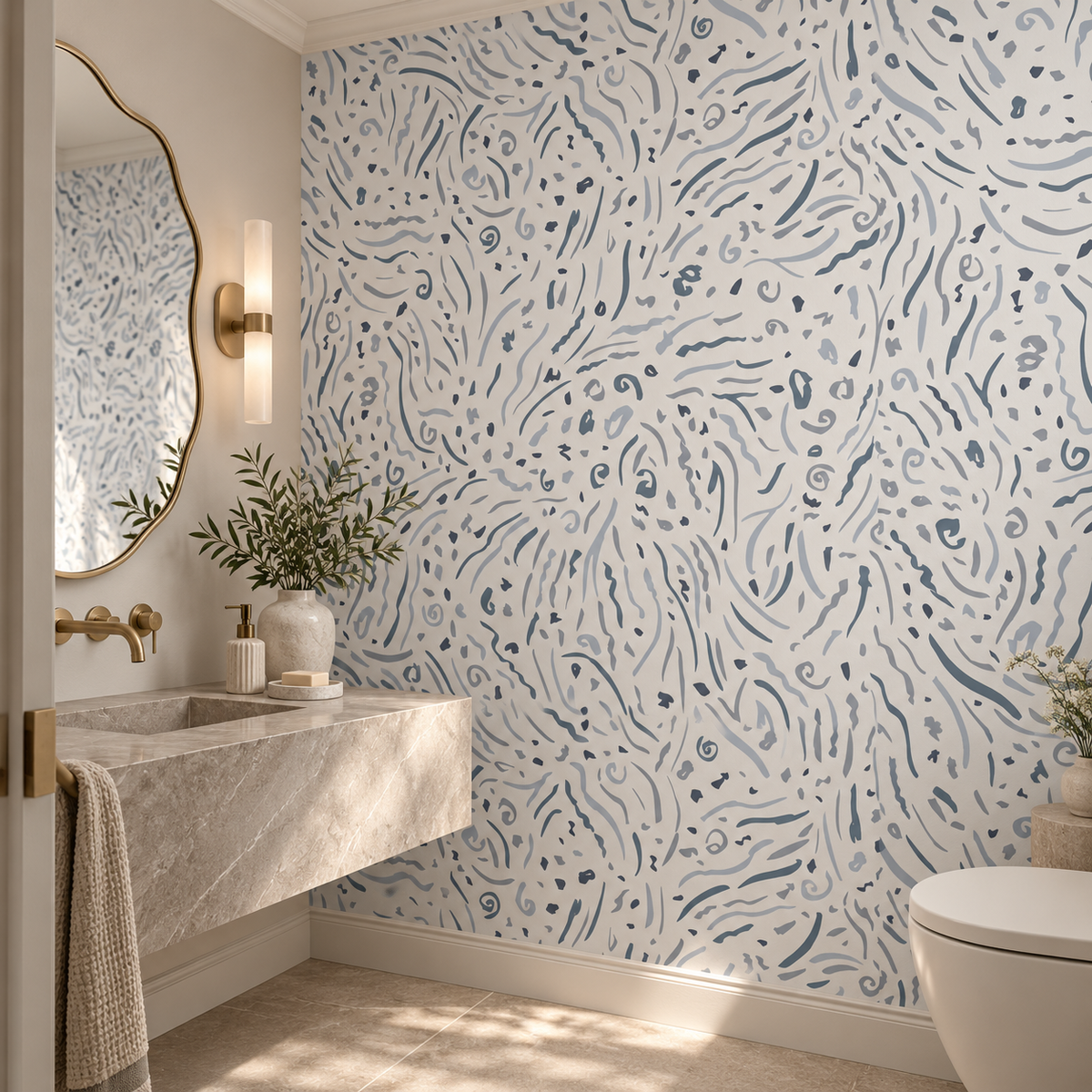 Whispered Marble, peel and stick wallpaper styled on a feature wall