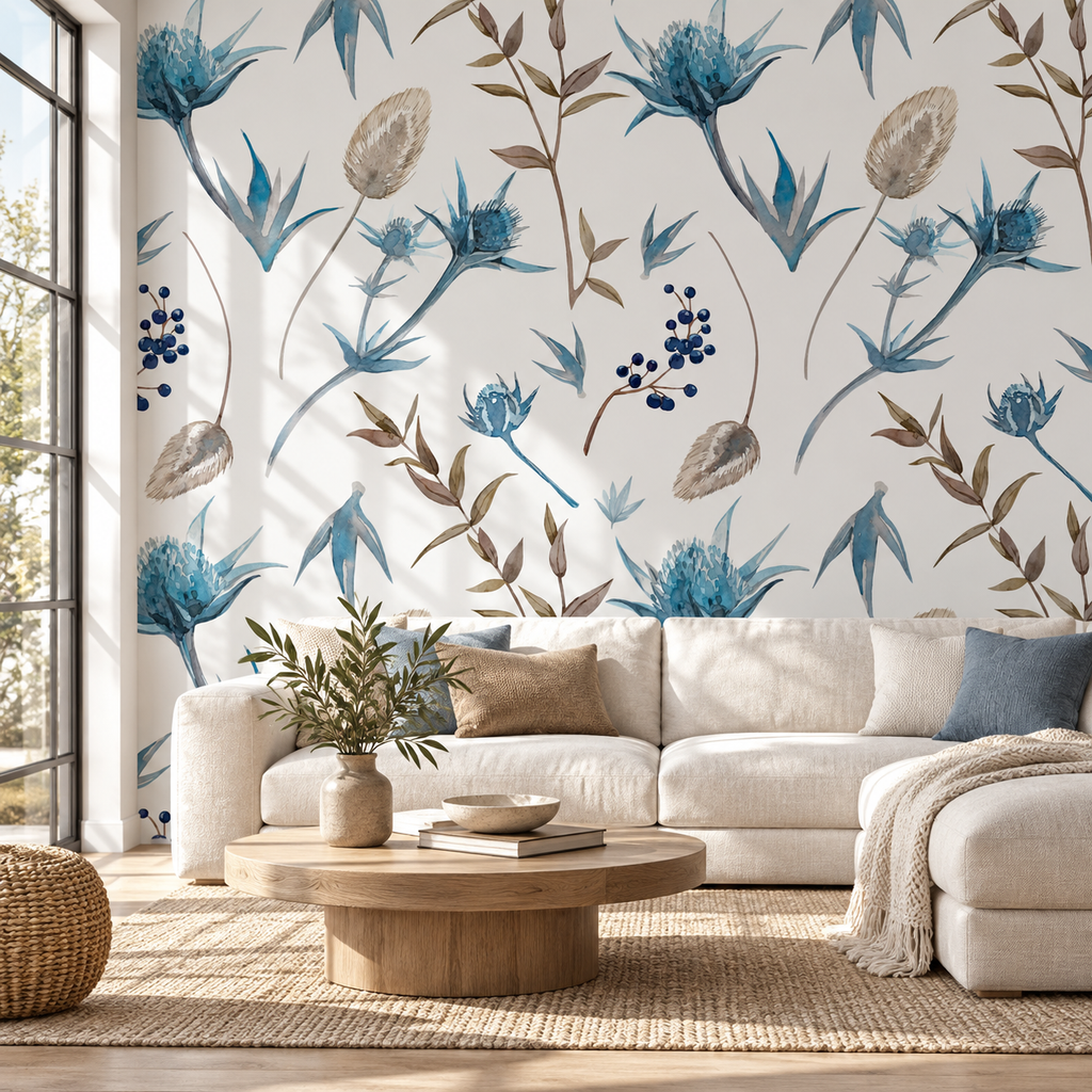 Wild Botanica, peel and stick wallpaper styled on a feature wall