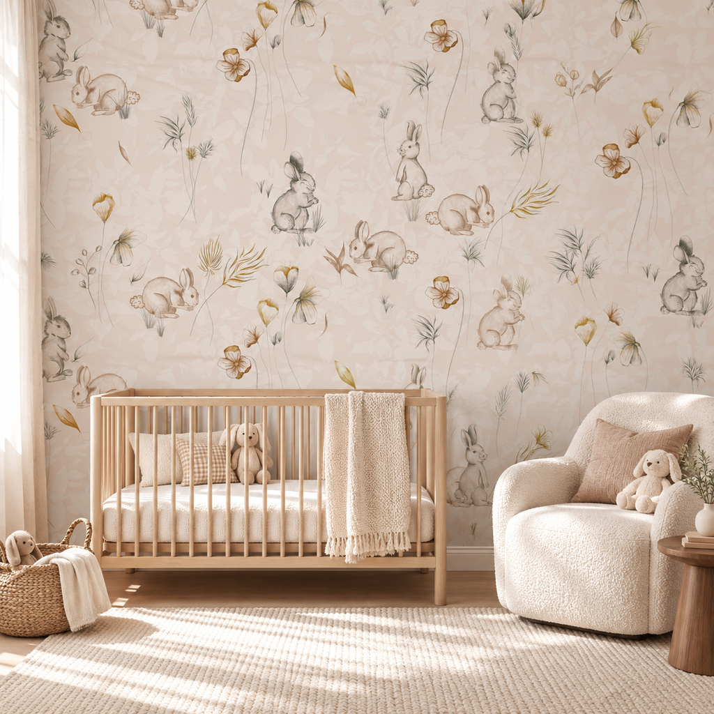 Wild Bunnies in Boho Brown by Cat Bellini, peel and stick wallpaper styled on a feature wall