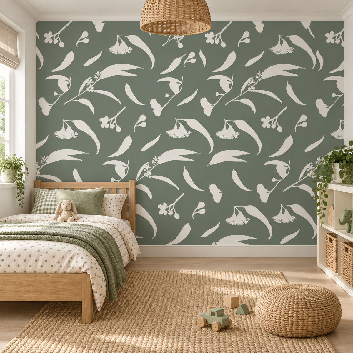 Wild Confetti in Sage by Charlotte Brandis, peel and stick wallpaper styled on a feature wall