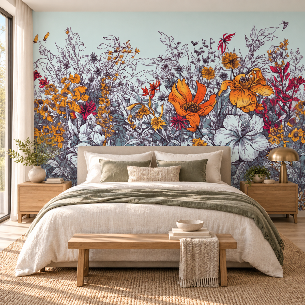 Wildflower Meadow, peel and stick wallpaper styled on a feature wall