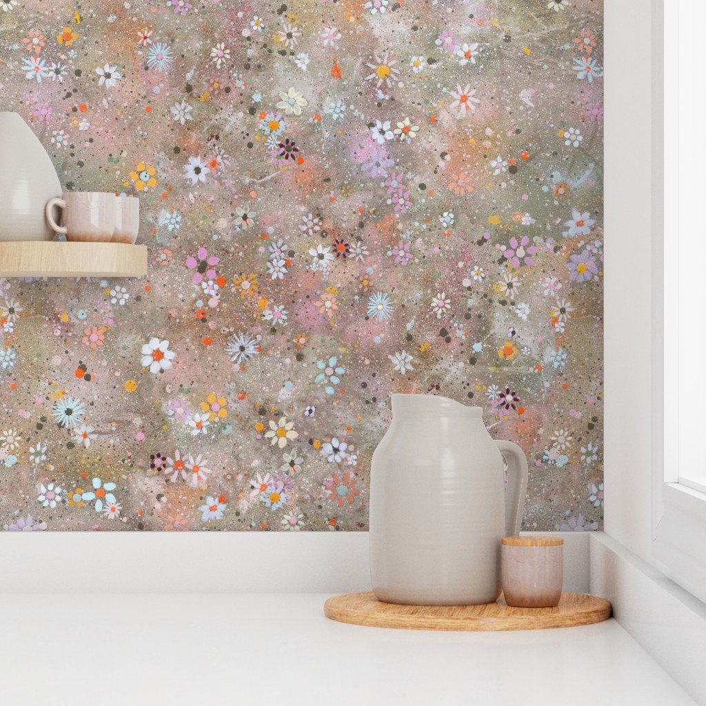 Wildflowers in Blush by De-Anne Strange, peel and stick wallpaper styled in a room