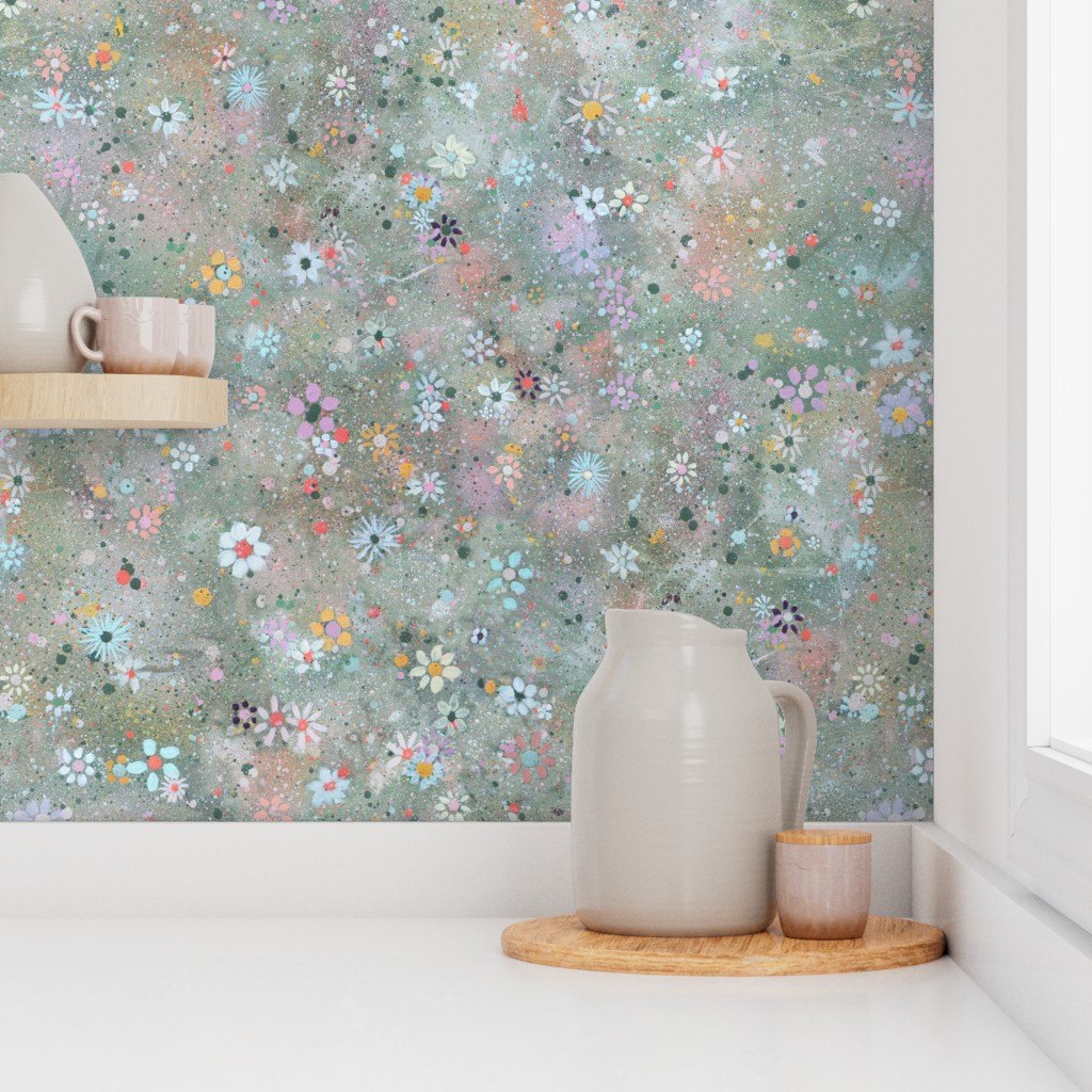 Wildflowers in Misty Blue by De-Anne Strange, peel and stick wallpaper styled in a room