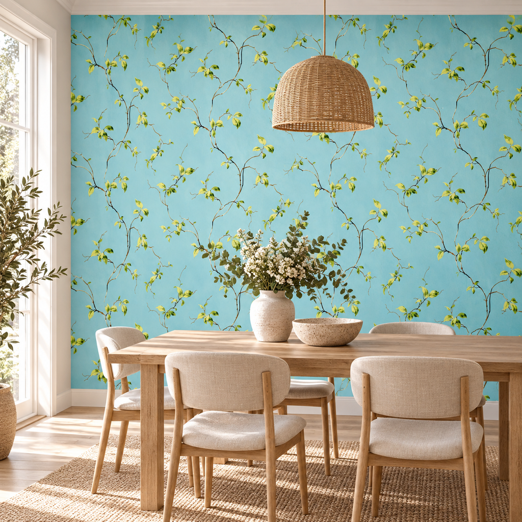 Willow Breeze peel and stick wallpaper styled in a dining room