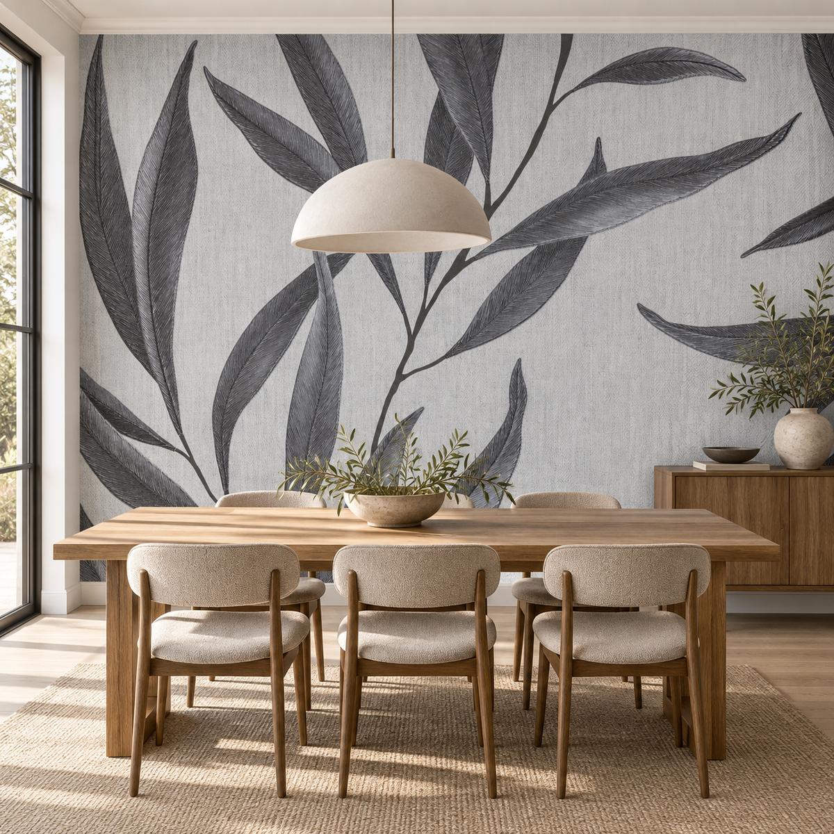 Willow Shadow, peel and stick wallpaper styled on a feature wall