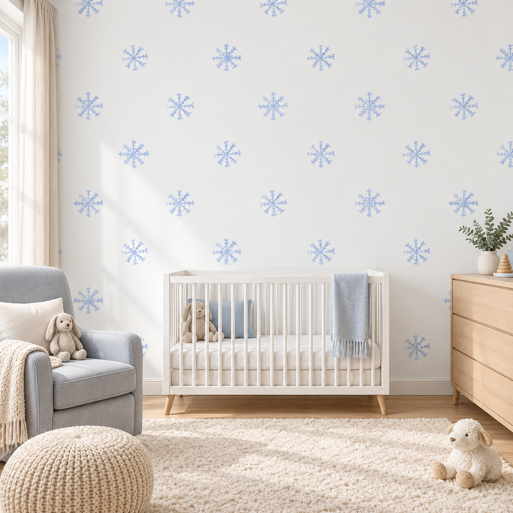 Winter Dots peel and stick wallpaper styled on a feature wall