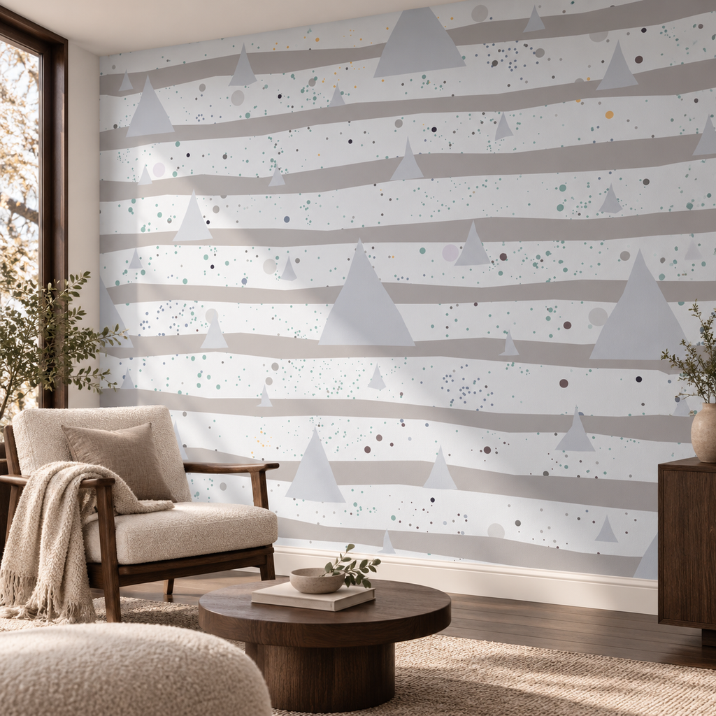 Winter Pines, peel and stick wallpaper styled on a feature wall