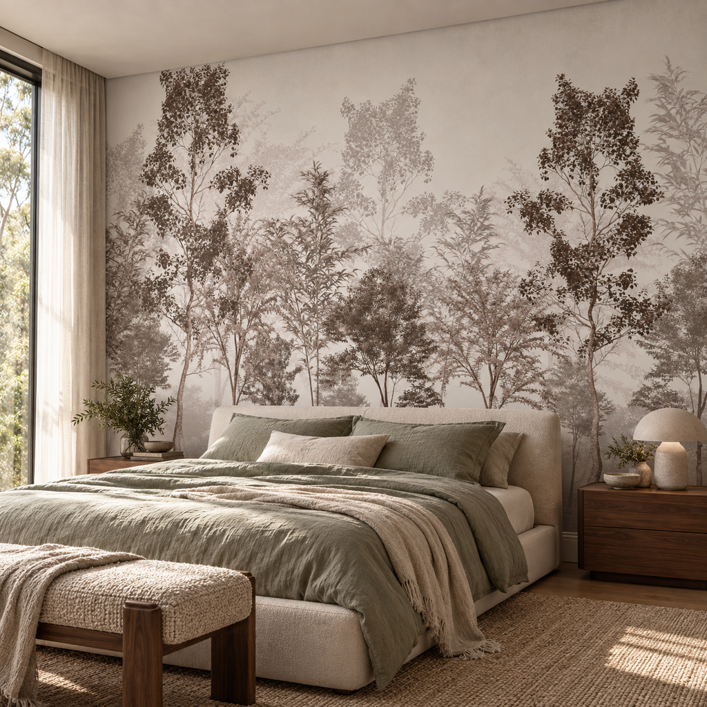 Woodland Mist, peel and stick wallpaper styled on a feature wall