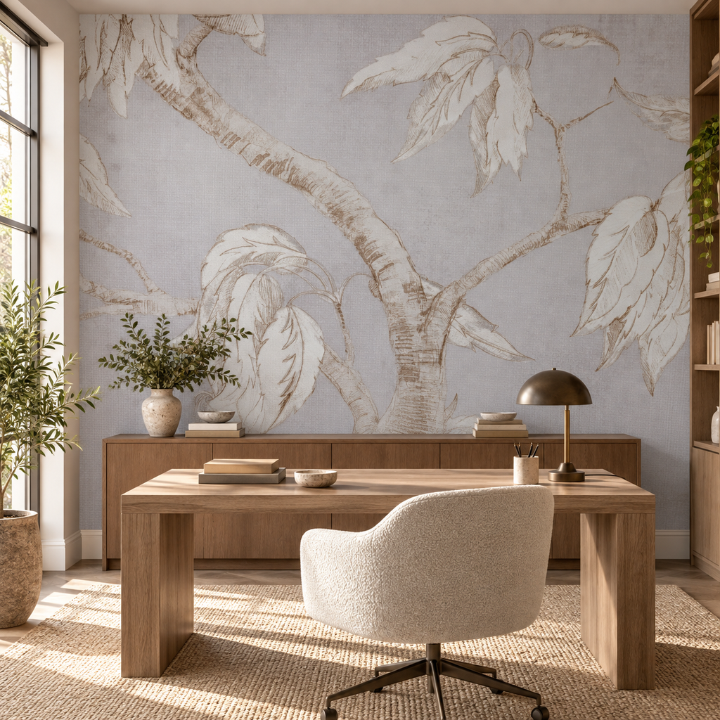 Woodland Sketch, peel and stick wallpaper styled on a feature wall