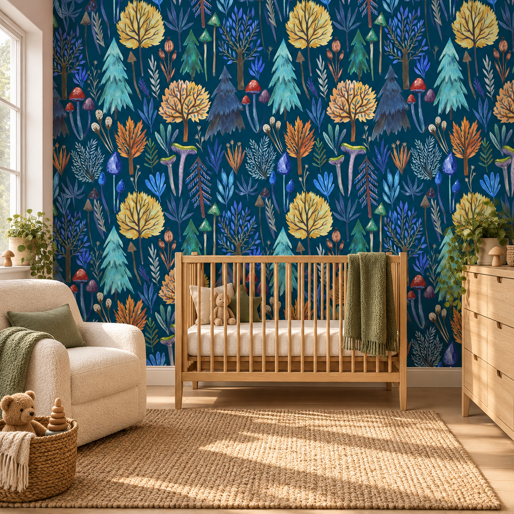 Woodland Whimsy peel and stick wallpaper styled on a feature wall