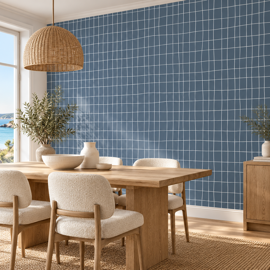 Woven Grid, peel and stick wallpaper styled on a feature wall