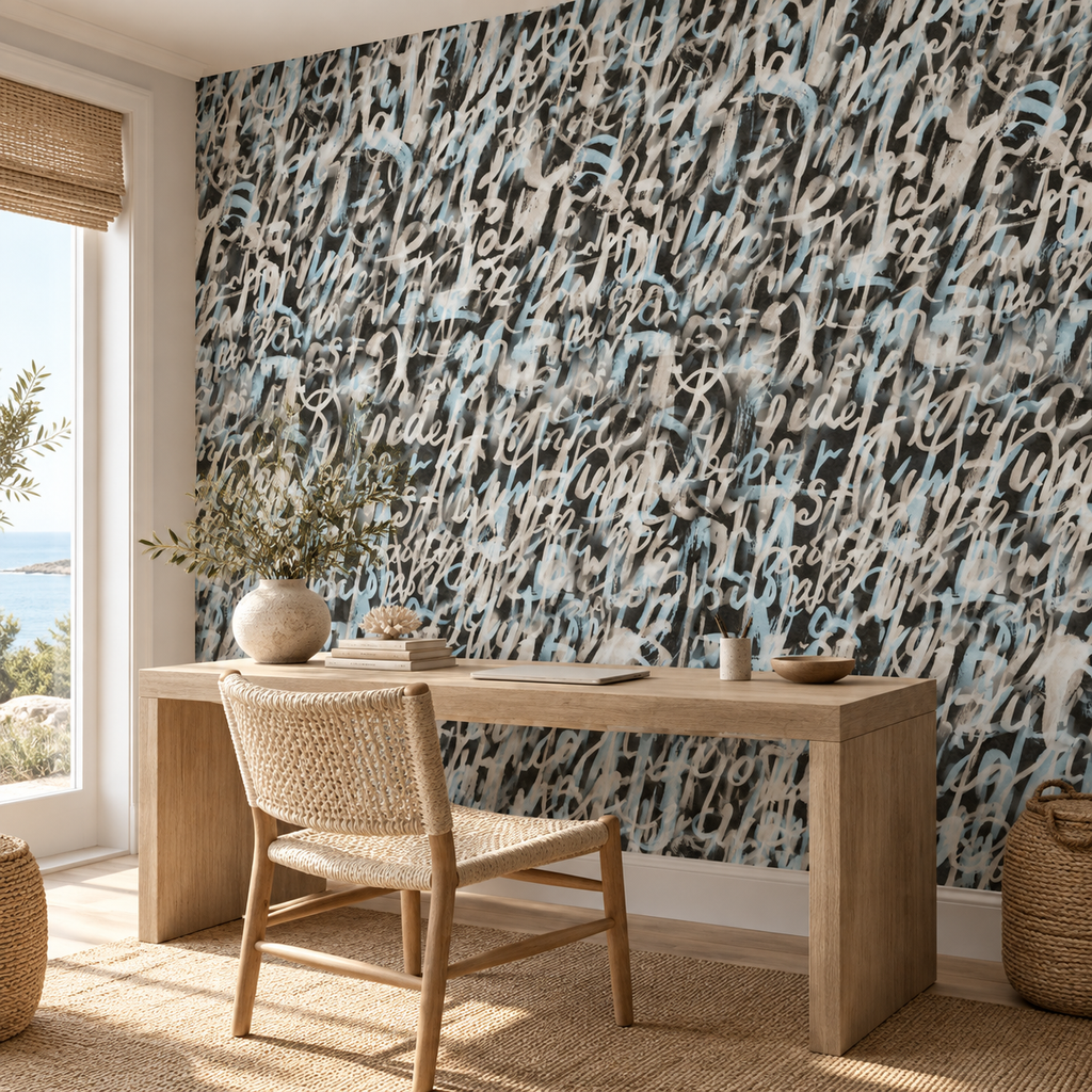 Woven Net, peel and stick wallpaper styled on a feature wall