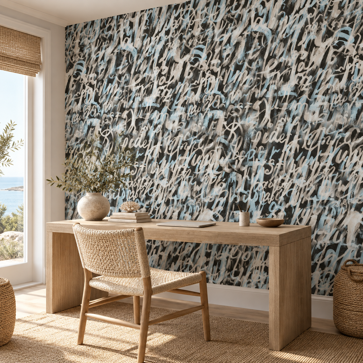 Woven Net, peel and stick wallpaper styled on a feature wall