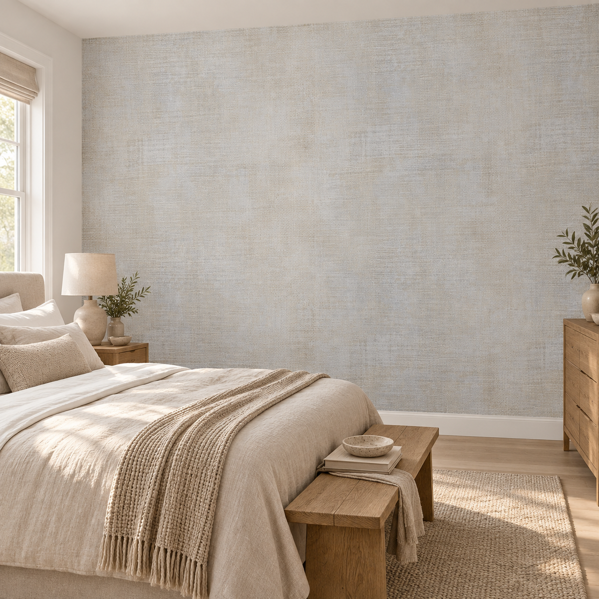 Woven Sand, peel and stick wallpaper styled on a feature wall