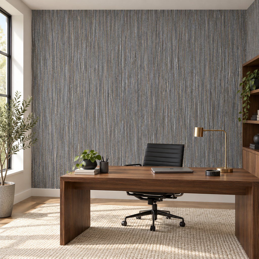Woven Slate, peel and stick wallpaper styled on a feature wall