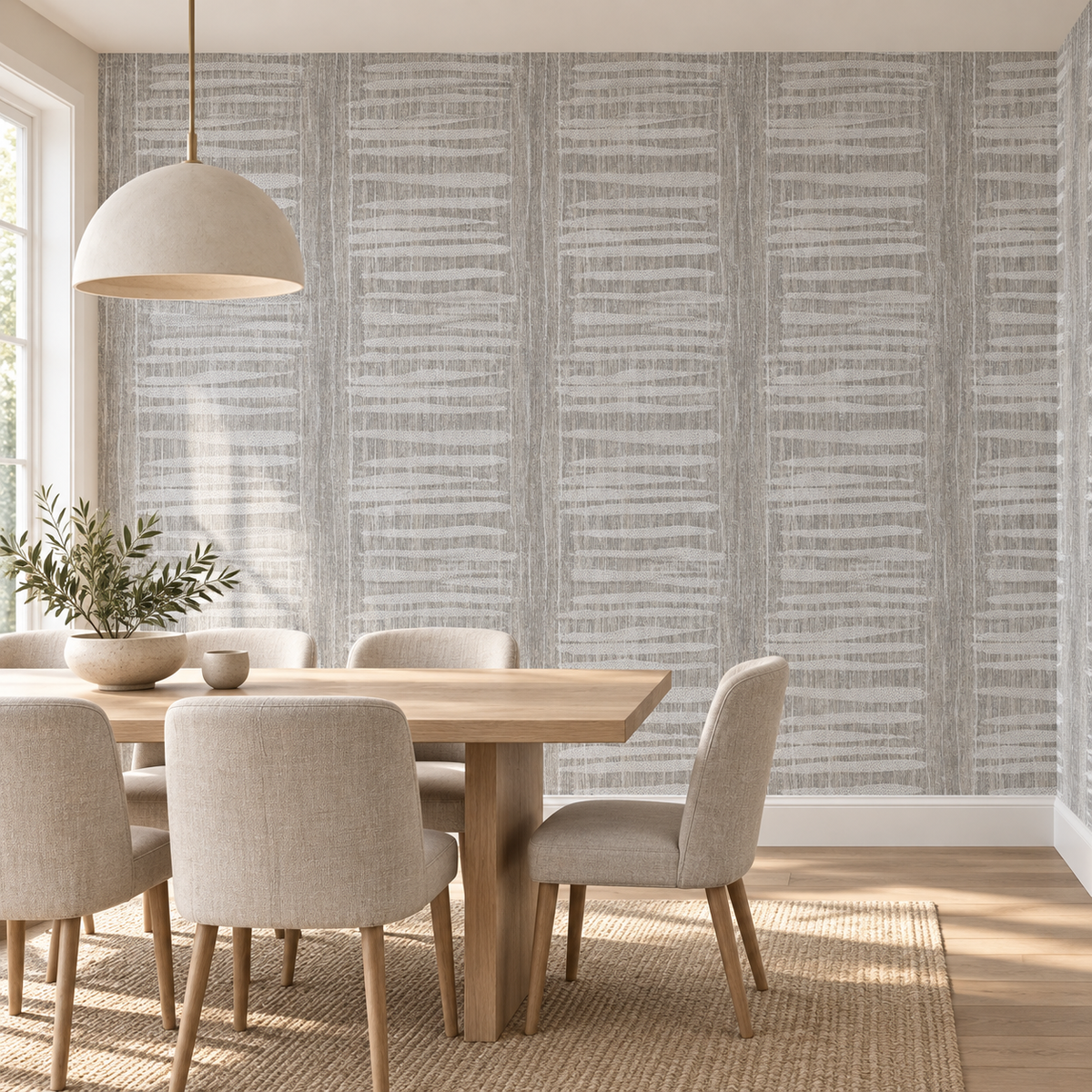 Woven Strokes, peel and stick wallpaper styled on a feature wall